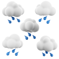 3d rendering Rain cloud with water drops icon set. 3d render White fluffy cumulus cloud with falling blue raindrops different positions icon set. png