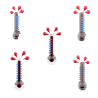 3d rendering Danger High Temperature thermometer on fire icon set. 3d render Hot weather, dangerous for humans different positions icon set. png