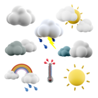 3d Renderização trovão e relâmpago com chuva, dois nuvens e sol, Preto e branco nuvens, arco Iris com chuva, quente temperatura em a termômetro, Sol ícone definir. 3d render clima conceito ícone definir. png