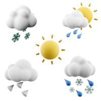 3d representación nieve, lluvia con Dom rayos, sol, granizo con nube, lluvia y nieve con nube icono colocar. 3d hacer clima concepto icono colocar. png