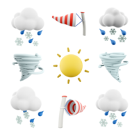 3d rendering rain with snow, windsock, cyclone, sun with rays icon set. 3d render weather concept icon set. png