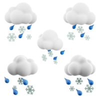 3d rendering snow with rain icon set. 3d render white cloud with raindrops and snowflakes different positions icon set. png