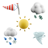 3d rendering windsock, snow, snow with rain, sun and tornado icon set. 3d render weather concept icon set. png