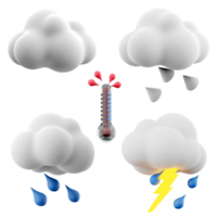 3d Rendern Wolke, Hagel mit Wolke, Regen, Donner mit Regen, heiß Thermometer Symbol Satz. 3d machen Wetter Konzept Symbol Satz. png