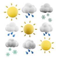 3d rendering sun with rays, rain, snow and cloud icon set. 3d render weather concept icon set. png