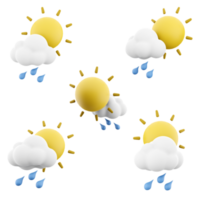 3d tolkning regndroppar med Sol och moln ikon uppsättning. 3d framställa regn i solig väder annorlunda positioner ikon uppsättning. png