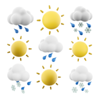 3d rendering sun, rain, snow with rain and cloud icon set. 3d render weather concept icon set. png