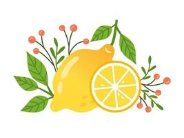 Illustration of a lemon in a flat style. Lemon slice with leaves and berries. Design element. vector