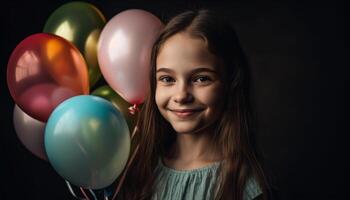 un linda preescolar sostiene un manojo de globos generado por ai foto