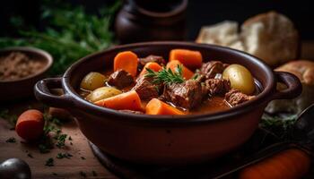 Rustic beef stew cooked in crockery bowl photo