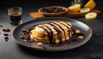 Stack of freshly baked pancakes with chocolate syrup generated by AI photo