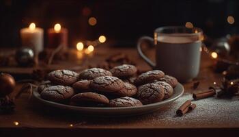 Indulgent chocolate chip cookie stack on rustic wood generated by AI photo