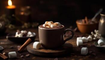 caliente chocolate con Malvaviscos en de madera mesa generado por ai foto