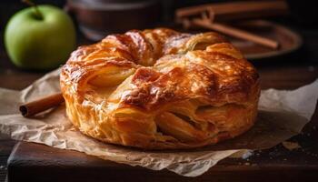 Freshly baked apple strudel on rustic wood table generated by AI photo