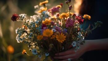 Yellow daisy bouquet held by woman outdoors generated by AI photo