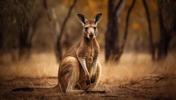 linda Wallaby sentado en césped, mirando a cámara generado por ai foto