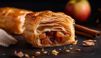 Freshly baked apple pie on rustic wood table generated by AI photo