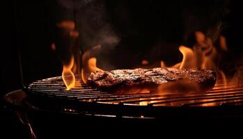 A la parrilla bife, brillante fuego, verano refresco al aire libre generado por ai foto