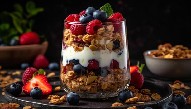 Fresco orgánico baya parfait con Granola crujido generado por ai foto