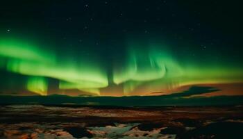 Majestic mountain range illuminated by aurora polaris generated by AI photo