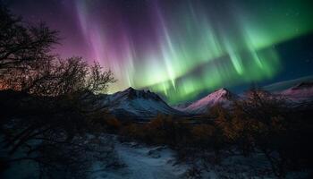 Majestic mountain range illuminated by starry night generated by AI photo