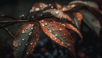 Freshness of autumn captured in dew drops on leaf veins generated by AI photo