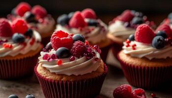 A gourmet cupcake with raspberry icing and fresh blueberries generated by AI photo