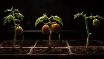 Fresco tomate planta de semillero crece en orgánico invernadero generado por ai foto