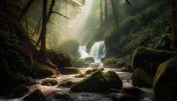 Tranquil scene of flowing water in forest generated by AI photo