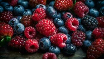 A heap of fresh, ripe berry fruit on a wooden table generated by AI photo