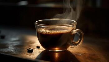 Dark coffee cup on rustic wood table generated by AI photo