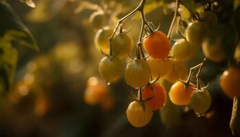 Ripe tomato on green branch, symbol of healthy eating outdoors generated by AI photo