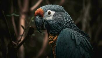 Vibrant macaw perching on branch, its beak and feather colorful generated by AI photo