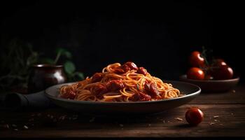 Freshly cooked pasta with bolognese sauce, parmesan cheese and herbs generated by AI photo