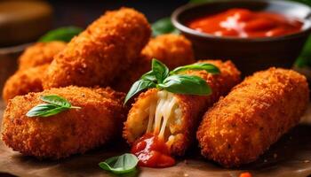 profundo frito empanizado pescado con tomate ensalada, un gastrónomo aperitivo generado por ai foto