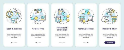 Create editorial calendar onboarding mobile app screen. Content marketing walkthrough 5 steps editable graphic instructions with linear concepts. UI, UX template vector