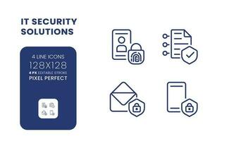 Cyber security solutions linear desktop icons set. Authentication control. Risk management. Pixel perfect 128x128, outline 4px. Isolated user interface elements pack for website. Editable stroke vector