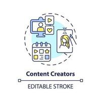 Content creators concept icon. Internet blog. Influencer marketing. Social media. Editorial calendar. Publish online abstract idea thin line illustration. Isolated outline drawing. Editable stroke vector