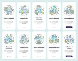 Editorial calendar onboarding mobile app screen set. Content strategy walkthrough 5 steps editable graphic instructions with linear concepts. UI, UX, GUI template vector