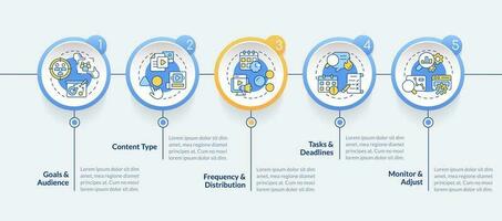 hacer editorial calendario circulo infografía modelo. digital marketing. datos visualización con 5 5 pasos. editable cronograma informacion cuadro. flujo de trabajo diseño con línea íconos vector