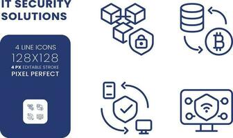 Data privacy solutions linear desktop icons set. Information protection. Risk management. Pixel perfect 128x128, outline 4px. Isolated user interface elements pack for website. Editable stroke vector