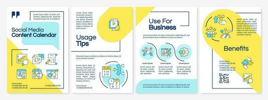 Social media content calendar blue and yellow brochure template. Leaflet design with linear icons. Editable 4 vector layouts for presentation, annual reports