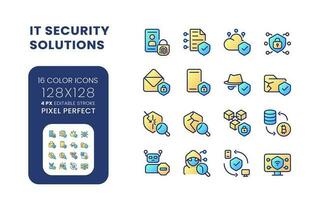 IT security solutions gradient fill desktop icons. Information privacy. Data protection. Pixel perfect 128x128, outline 4px. Colorful editable line symbols set. Vector isolated RGB elements