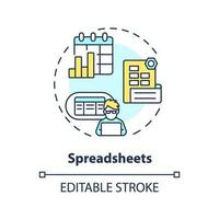 Spreadsheets concept icon. Project management. Business software. Content plan. Editorial calendar. Tracking data abstract idea thin line illustration. Isolated outline drawing. Editable stroke vector