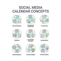 Social media calendar concept icons set. Digital content. Online tool. Schedule planner. Internet blog. Marketing plan idea thin line color illustrations. Isolated symbols. Editable stroke vector