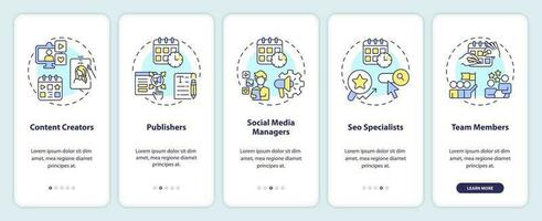 Who can use editorial calendar onboarding mobile app screen. Walkthrough 5 steps editable graphic instructions with linear concepts. UI, UX, GUI template vector