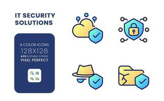 Data security solutions gradient fill desktop icons. Cloud computing provider. Database encryption. Pixel perfect 128x128, outline 4px. Colorful editable line symbols set. Vector isolated RGB elements