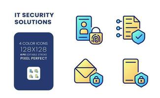 Cyber security solutions gradient fill desktop icons. Authentication control. Risk management. Pixel perfect 128x128, outline 4px. Colorful editable line symbols set. Vector isolated RGB elements