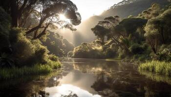 Tranquil scene of mountain range at sunset generated by AI photo