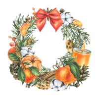 Tangerines with bow, cotton, pine branches and cones, sweets, candle and spices. Watercolor illustration hand drawn for Christmas decor. Round wreath isolated png